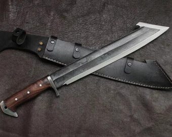 Hand-Forged 1095 Steel Machete Knife | Leather Sheath, Camping Blade