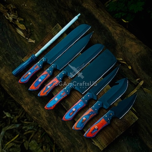 Juego de 8 cuchillos de chef para barbacoa de acero de Damasco, hechos a mano, forjados a mano, regalo de aniversario y cumpleaños.