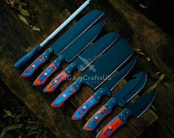 Hand Forged Damascus Steel BBQ Chef Knife Set - 8 Piece Luxury Kitchen Knives