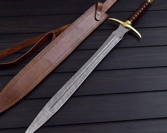 Espada vikinga de acero de Damasco hecha a mano con funda de cuero