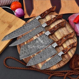 Custom Hand forged 5-Pcs Kitchen Cooking tool set, Damascus steel chef gifts, Bar B Q Set, Gift for mother, gift for her, Housewarming gift