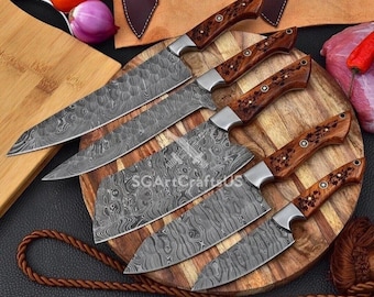 Hand Forged Damascus Steel Kitchen Knife Set, Wood Handle, BBQ Cooking Tool Set