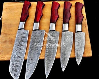 Handmade Damascus Steel Chef Knife Set – Walnut Wood Handles, 5-Piece