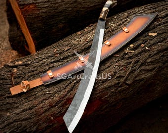 Hand Forged High Carbon Steel Machete | Stag Horn Handle, Leather Sheath