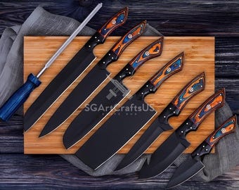 Hand Forged Damascus Steel BBQ Chef Knife Set - 8 Piece Luxury Kitchen Knives