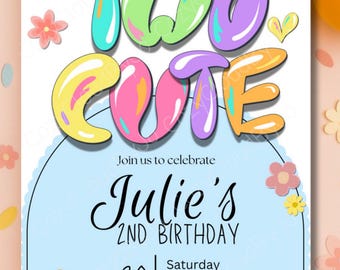 Two Cute Birthday Invitation | Editable 2nd Birthday Invite for Girl | Colorful Balloon Theme | Digital Template | CozyCloudByJo