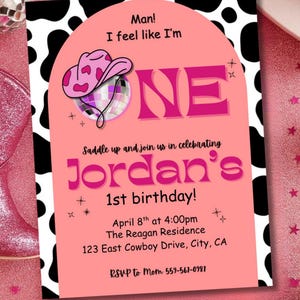 Cowgirl Birthday Invitation | Man I Feel Like I’m ONE | Disco Western 1st Birthday Invite | Editable Canva Template | Rodeo Party Printable