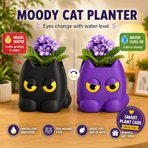 Cat Planter Self Watering with Water Level Indicator, Funny Moving Eyes Plant Pot, Vase, Cute Indoor Garden Decor