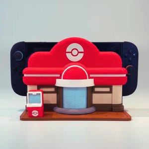 May include: A red and white building with a circular logo, resembling a video game location, sits in front of a black handheld gaming device. A small red and white kiosk is on the left. The building is on a brown base.