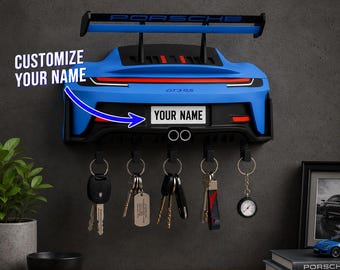 Personalized Porsche GT3 RS Key Holder | Custom Name Wall Rack | 3D Printed Car Organizer