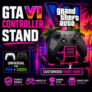 May include: A black gaming controller stand featuring a neon pink and purple sunset city background with palm trees. The stand displays the text GTA VI CONTROLLER STAND and GRAND THEFT AUTO. It includes a customisable name plate and is universal for PS5 and Xbox controllers.