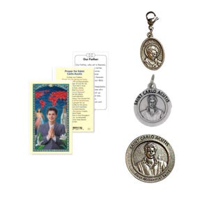 May include: An assortment of religious items, including prayer cards and Saint Carlo Acutis pendants. The pendants are silver-toned, featuring an image of Saint Carlo Acutis. The prayer cards have text and an image of Saint Carlo Acutis.