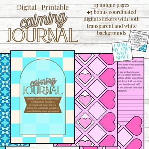 Może przedstawiać: Cyfrowy, drukowany dziennik uspokajający z 13 unikalnymi stronami i 5 dodatkowymi naklejkami. Dziennik zawiera strony z niebieskimi geometrycznymi wzorami, różowymi sercami i słowami "calming journal". Oferuje podpowiedzi i wsparcie wizualne.
