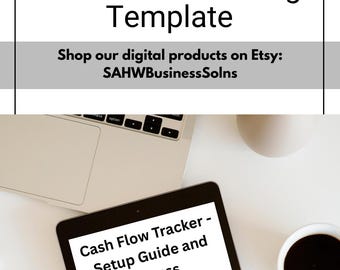 May include: A digital download graphic with the text "Cash Flow Tracking Template." A tablet displays "Cash Flow Tracker - Setup Guide and Access." The image includes a laptop, a coffee cup, and the Etsy shop name.