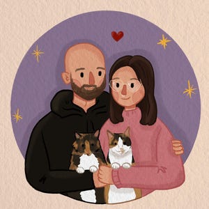 Portrait personnalisé de couple et d'animal de compagnie | Illustration numérique personnalisée à partir d'une photo | Cadeau pour les amoureux des animaux de compagnie, une maman chien, un papa chat, un anniversaire