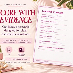 May include: A white candidate scorecard document with purple text and borders. The form includes fields for candidate name, date, and scores for prioritization, judgment, risk, ownership, communication, collaboration, and learning.