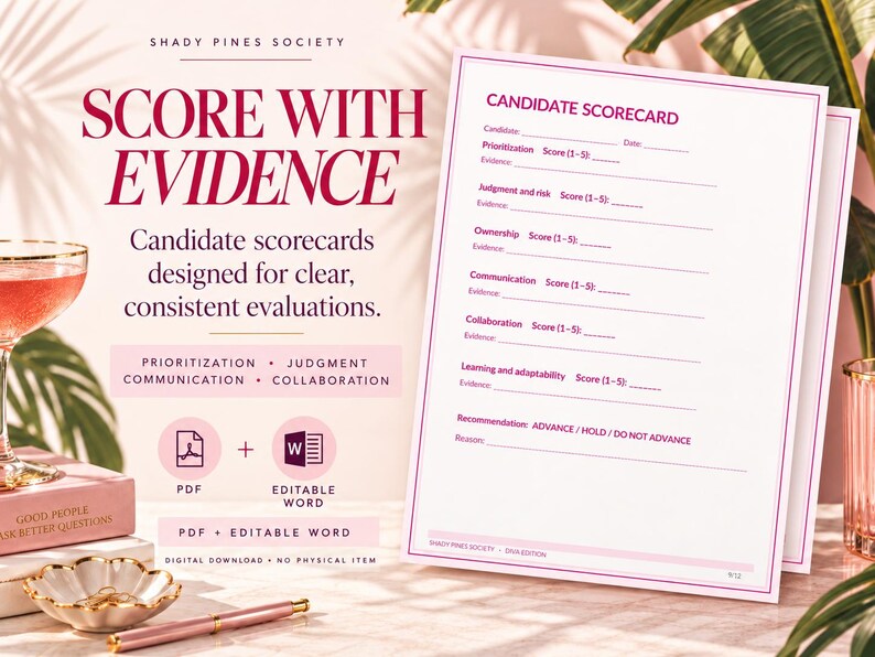 May include: A white candidate scorecard document with purple text and borders. The form includes fields for candidate name, date, and scores for prioritization, judgment, risk, ownership, communication, collaboration, and learning.