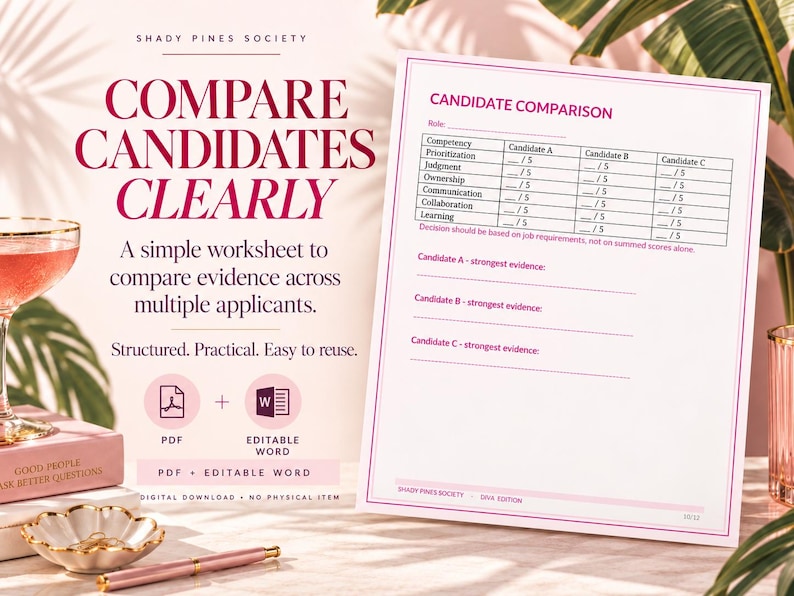 May include: A white candidate comparison worksheet with pink borders and text. The document features a table for scoring candidates on competencies like prioritization and judgment, plus sections for recording evidence for three candidates.