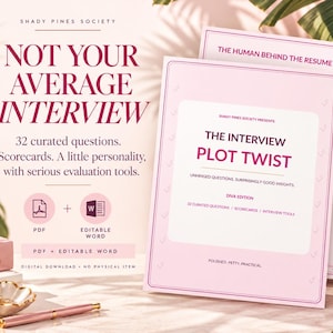 May include: A digital download set titled The Interview Plot Twist Diva Edition by Shady Pines Society. The document features 32 curated questions and scorecards in PDF and editable Word formats, presented on pink paper with dark pink text.