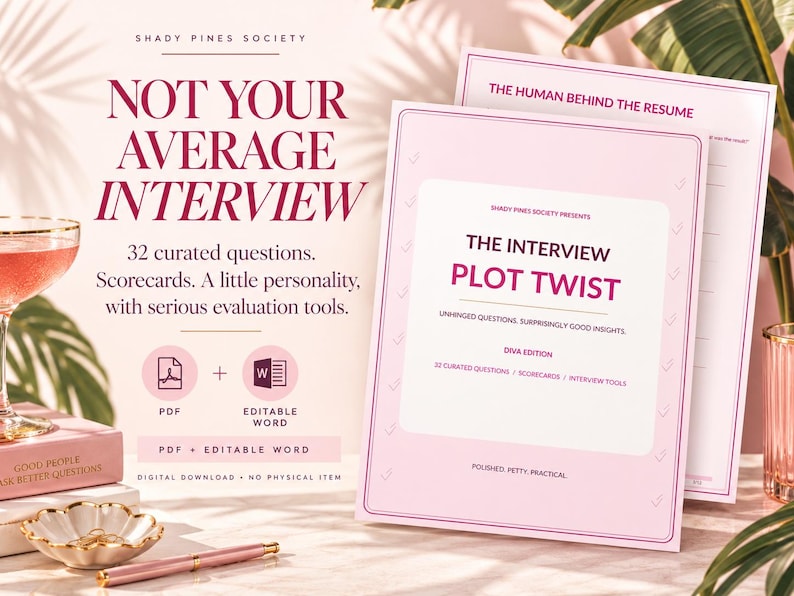 May include: A digital download set titled The Interview Plot Twist Diva Edition by Shady Pines Society. The document features 32 curated questions and scorecards in PDF and editable Word formats, presented on pink paper with dark pink text.