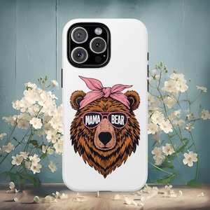 Mama Bear-telefoonhoesje | Leuke hoes met dierenprint, zonnebril en bandana | Telefoonhoesje moederdagcadeau voor moeders | Beschermende iPhone-cover