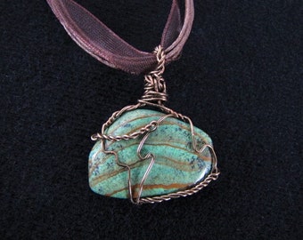 Wire wrapped Pendant, green, brown, Stone, hippie, boho