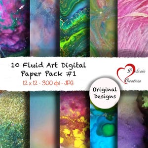Könnte beinhalten: Ein digitales Papierpaket mit zehn Fluid-Art-Designs in verschiedenen Farben, darunter Grün, Blau, Lila und Gold. Das Paket trägt die Bezeichnung "10 Fluid Art Digital Paper Pack #1" und hat die Maße 30,48 x 30,48 cm bei 300 dpi.
