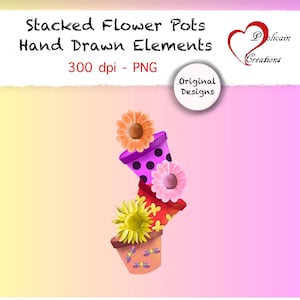 May include: Illustration of stacked flower pots with hand-drawn elements. The pots are in various colours, including purple with black polka dots, red with yellow crosses, and a brown pot with dragonfly designs. Each pot has a different coloured flower.