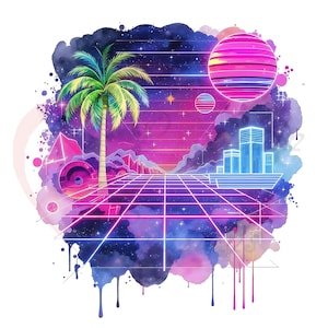 May include: A vibrant digital art piece featuring a palm tree, grid, and geometric shapes set against a cosmic background. The color palette includes shades of pink, purple, and blue, with a retro, vaporwave aesthetic. The artwork evokes a sense of nostalgia and futuristic design.