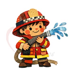 以下が含まれることがあります： 消防士がホースを持っているカラフルなイラスト。消防士は赤いヘルメットと黄色いアクセントのジャケットを着ています。ホースは青い水を噴出し、画像は陽気で漫画的なスタイルです。