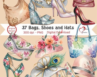 May include: Watercolor illustration of various bags, shoes, and hats. The image includes a tan handbag, a gray clutch, high heels, and a tote bag. The text reads "37 Bags, Shoes and Hats".