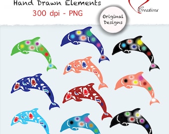 Imágenes prediseñadas de delfines dibujados a mano: PNGs de animales marinos coloridos dibujados a mano (descarga digital)