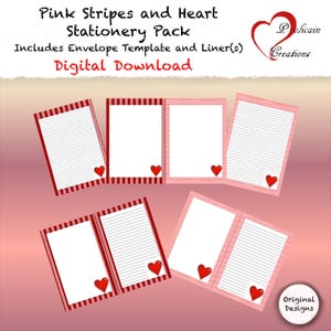 Pode incluir: Um conjunto de papelaria com listras rosa e corações. Inclui papel pautado com detalhes de coração vermelho e bordas listradas vermelhas. O texto "Pink Stripes and Heart Stationery Pack" e "Digital Download" são visíveis.