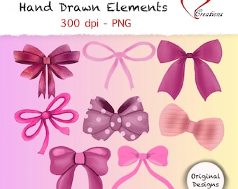 May include: A collection of hand-drawn pink ribbons and bows in various shades, including fuchsia, rose, and mauve. Some bows feature polka dots or textured designs. The image includes the text "Pink Ribbons and Bows Hand Drawn Elements 300 dpi - PNG".
