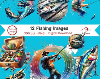 Angeln PNG Clipart Bundle, 12 Aquarell Illustration Clip Art Bilder, bunte Fische, Köder, Ruten & Fliegen, sofortiger digitaler Download
