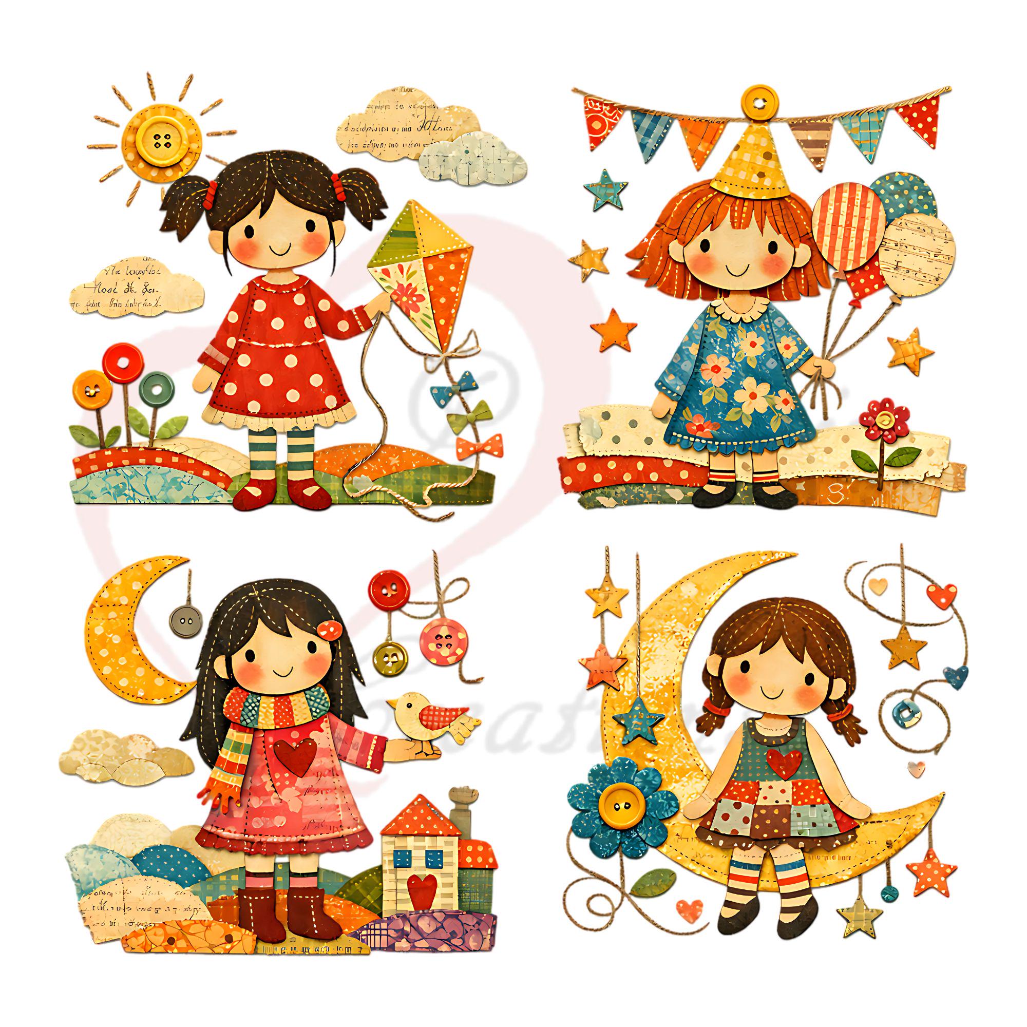 16 Mixed Media Girl PNG Clipart Set, Whimsical Patchwork Children ...