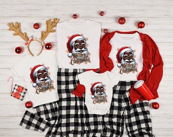 Black Santa Claus Merry Christmas Shirts, 2026 Christmas Pajamas, African American Santa Claus, Brown Santa Face Family Matching Shirts