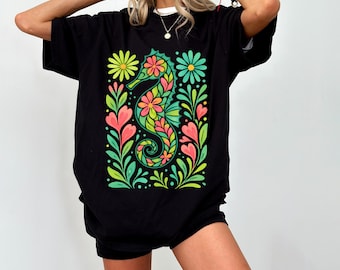 Floral Seahorse Summer Shirt, Colorful Seahorse Sublimation, Preppy Beach Tee, Coastal Aesthetic Shirt, Ocean Lover Gift, Beach Vacation Tee