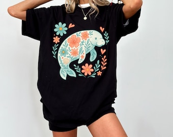 Floral Manatee Summer Shirt, Ocean Lover Gift, Coastal Aesthetic Floral Tee, Nature Lover Gift Animal Lover Gift Nature Lover, Manatee Shirt