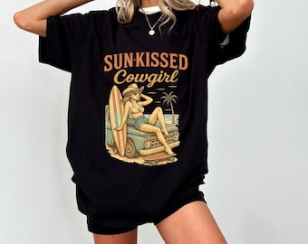 Vintage Sunkissed Cowgirl Surfing Shirt: Coastal Beach Tee