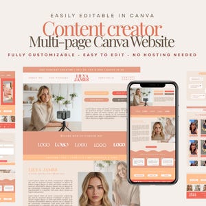 以下が含まれることがあります： コンテンツクリエイター向けのマルチページCanvaウェブサイトテンプレート。ピーチとクリームの色使い。ウェブサイトのレイアウトを表示する電話モックアップが含まれており、「Content creator」と「Lilya James」のテキストが表示されています。