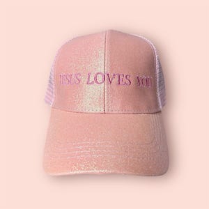 pink glitter trucker hat ponytail hat for women gift for mom Jesus loves you apparel Christian cap for mom faith based gift for women hat