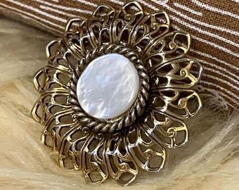 Midcentury Gold-Tone Filigree Mother-of-Pearl Cabochon Brooch, Floral Sunburst Motif