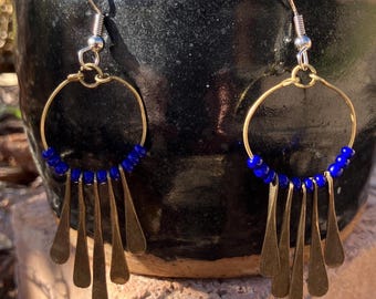 Vintage Bohemian Style Fringed Hoop Brass Earrings with Faux Lapis Lazuli Blue Beads