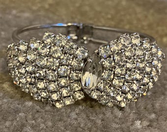 Vintage Silver-tone Cuff Bracelet Rows of Clear Stones with Marquis Accent Stone, Bow Motif
