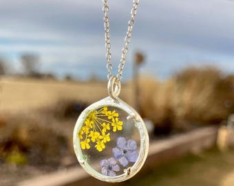 Catherine Weitzman Small Botanical Necklace, Recycled Sterling Silver, Purple and Yellow Flowers