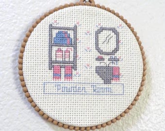 Vintage 1990s Finished Cross Stitch "Powder Room" Bathroom Scene Cursive Decorative Frame Hanger Felt