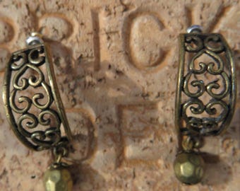 Vintage Boho Heart Filigree Brass Dangle Half Hoop Earrings