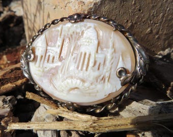 Victorian Era Antique Gold Tone Hand-carved Shell Cameo Landscape Brooch with C-clasp