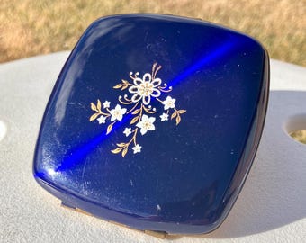 Midcentury Melissa Powder Cosmetic Compact with Mirror, Cobalt Blue English Enamel Floral Finish
